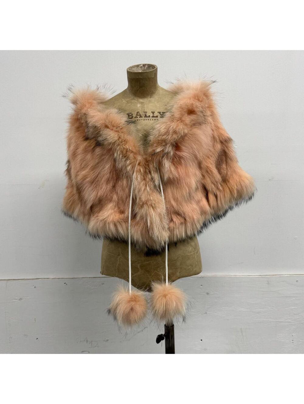 Vintage SAGA FURS Pastel Pink Fox Fur Capelet Cloak with Pom-Pom Ties